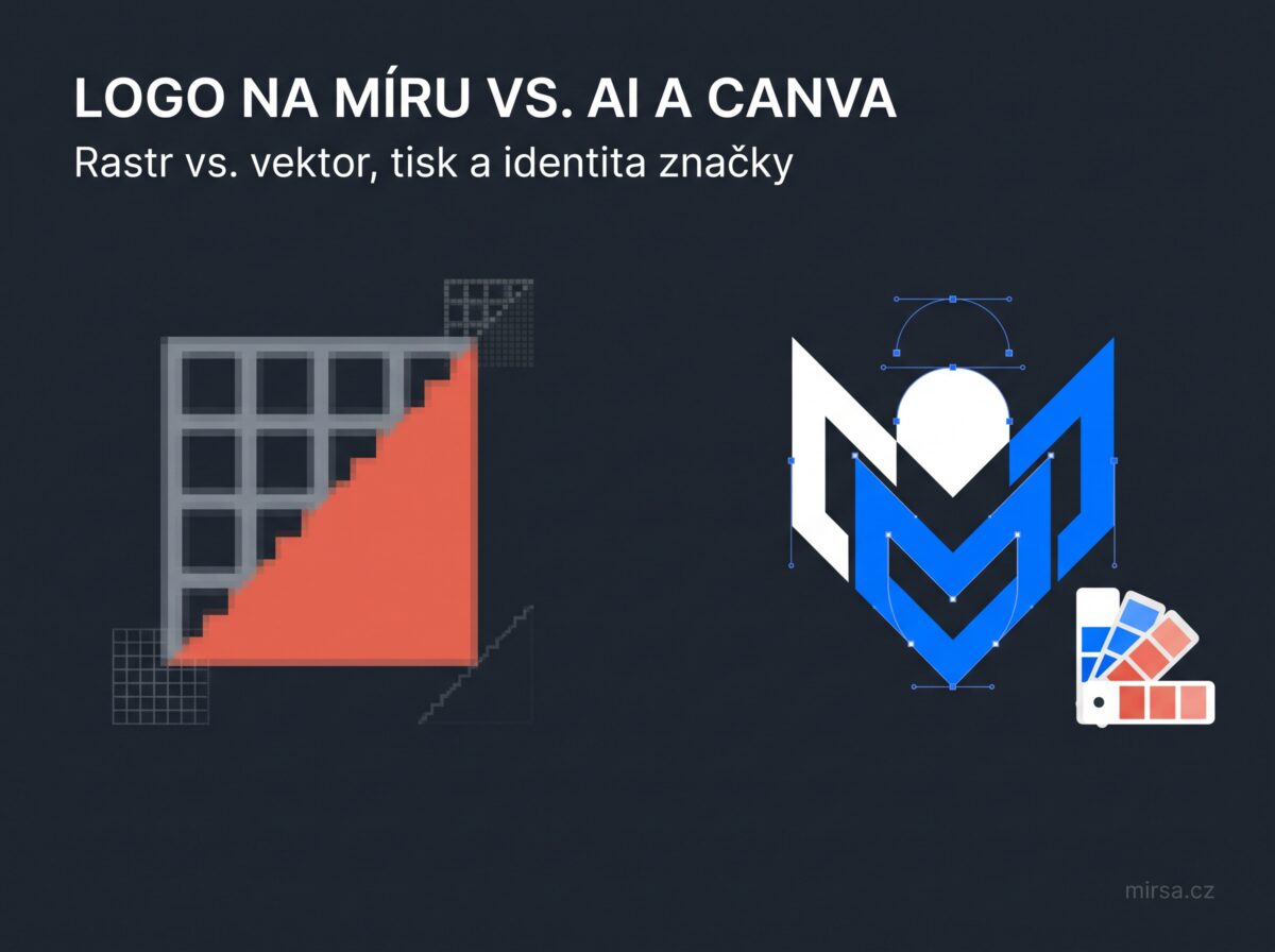 Porovnání rastrového loga z AI a profesionálního vektorového loga v křivkách pro tisk a firemní identitu – Mirsa.cz